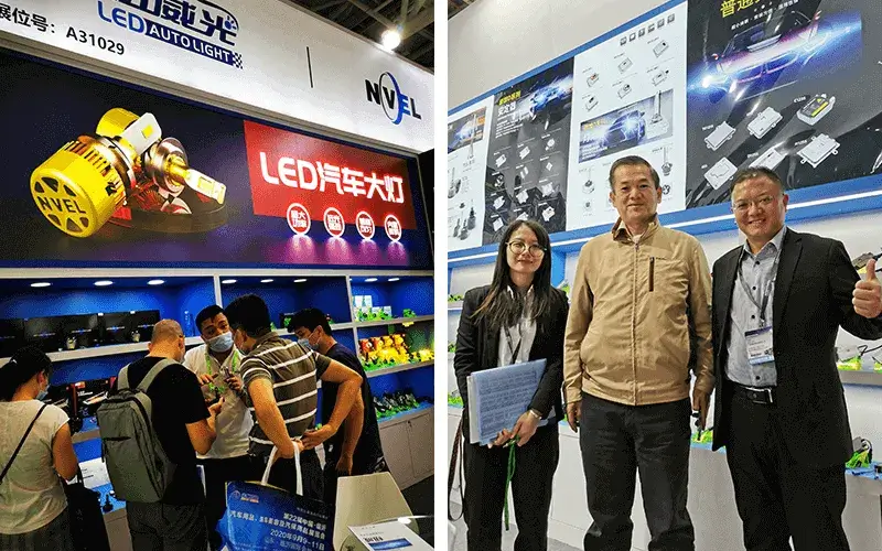 NVEL team showcasing LED headlight bulbs and optical lenses at Automechanika booth