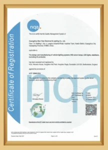 NVEL IATF 16949 quality management system certificate for automotive lighting manufacturing