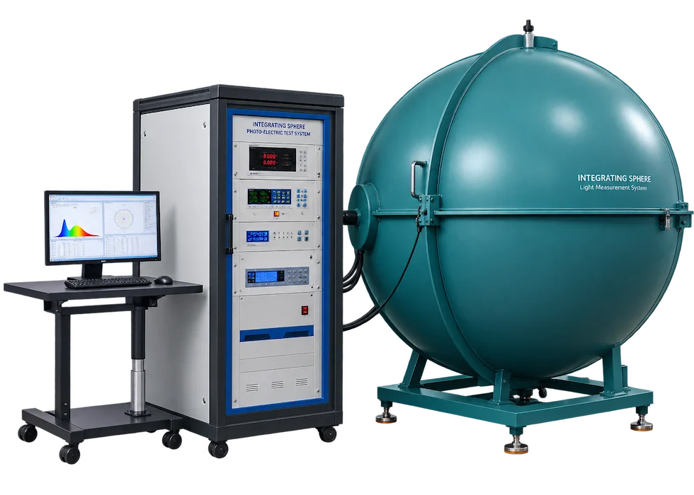 NVEL Precision Optical Testing Integrating Sphere NVEL optical testing integrating sphere for measuring automotive LED headlight lumens and color temperature