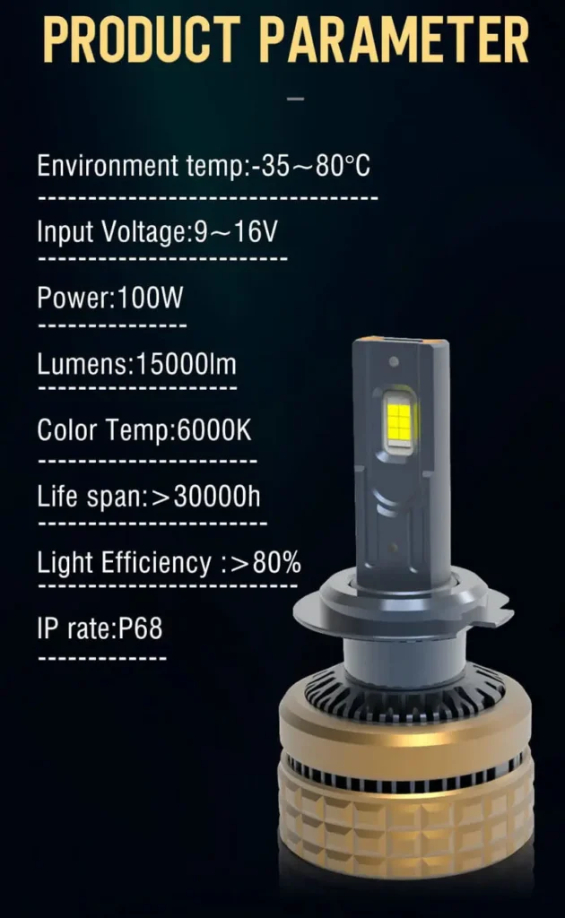 Technical specification parameter chart for H100 series 100W 15000LM 6000K IP68 LED headlight bulb