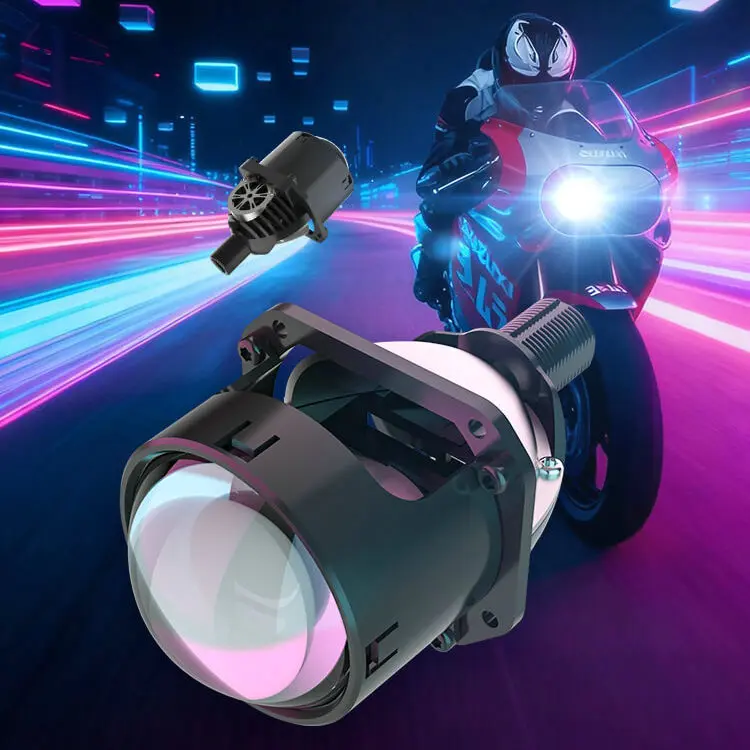 N65SH1 2.5 inch Bi-LED projector lens fitted on a motorcycle headlight for night driving.