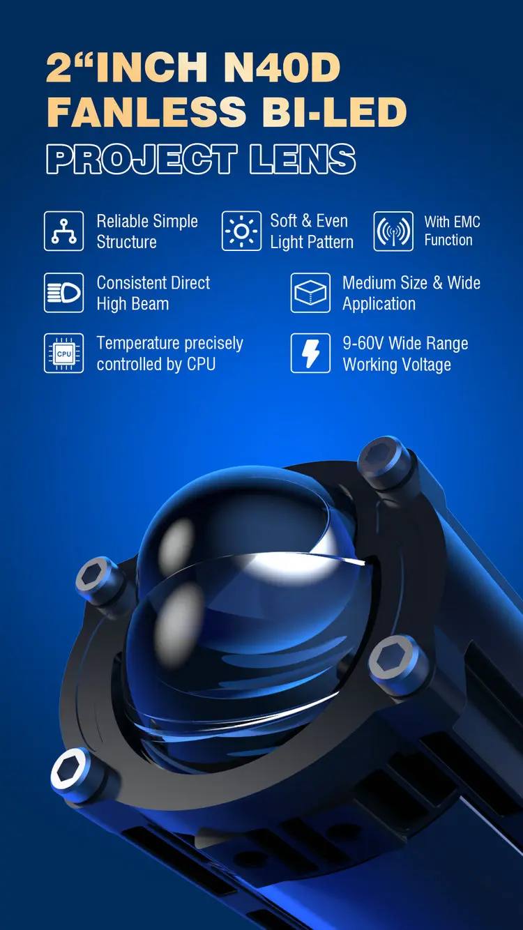 N40D 2 inch fanless Bi-LED projector lens highlighting 9-60V wide voltage, CPU temperature control, and EMC function