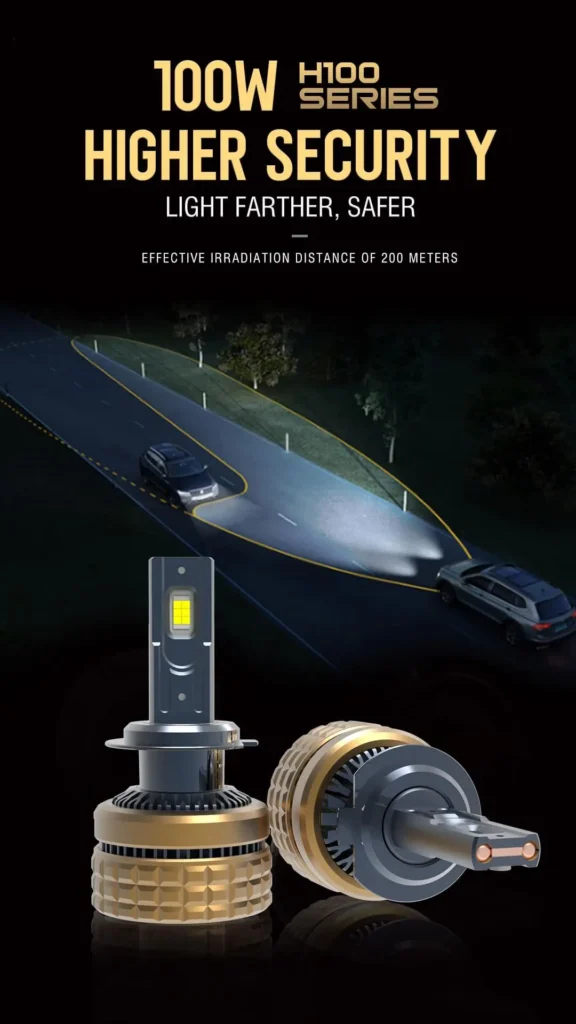 Night road irradiation test showing H100 series LED headlight reaching 200 meters effective distance