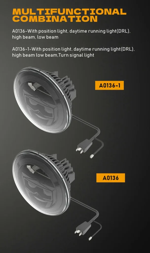 A0136 and A0136-1 models of 7 inch LED headlight with plug and play wiring connector