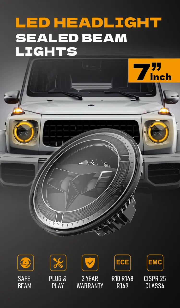 7 inch LED headlight sealed beam lights with ECE R10 R148 R149 and CISPR 25 Class 4 EMC certification