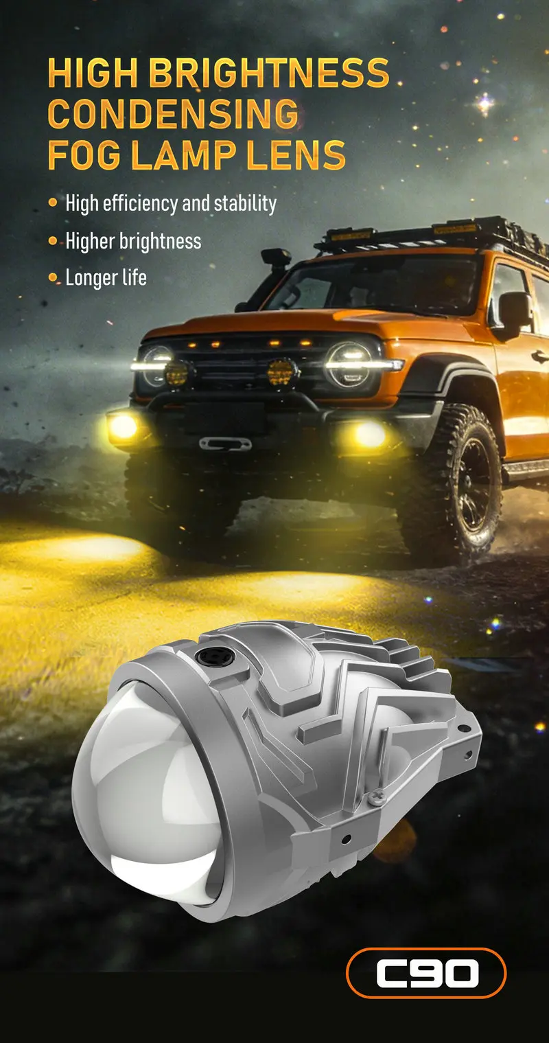 C90 high brightness LED fog lamp lens with strong condensing light performance for vehicles.