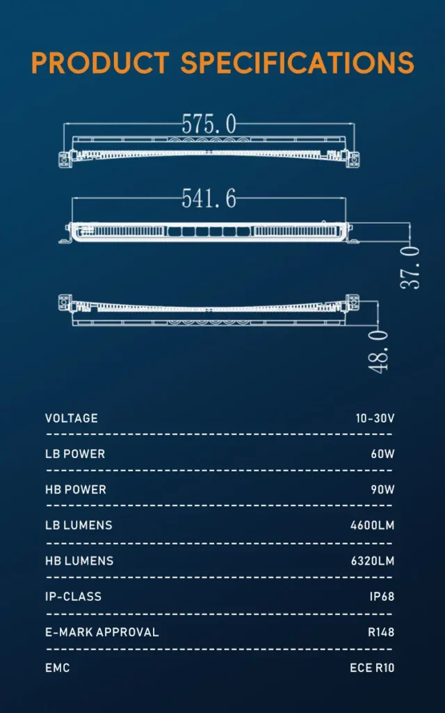 Dimensional drawing of 575mm 22 inch LED light bar with built-in relay wiring harness specifications
