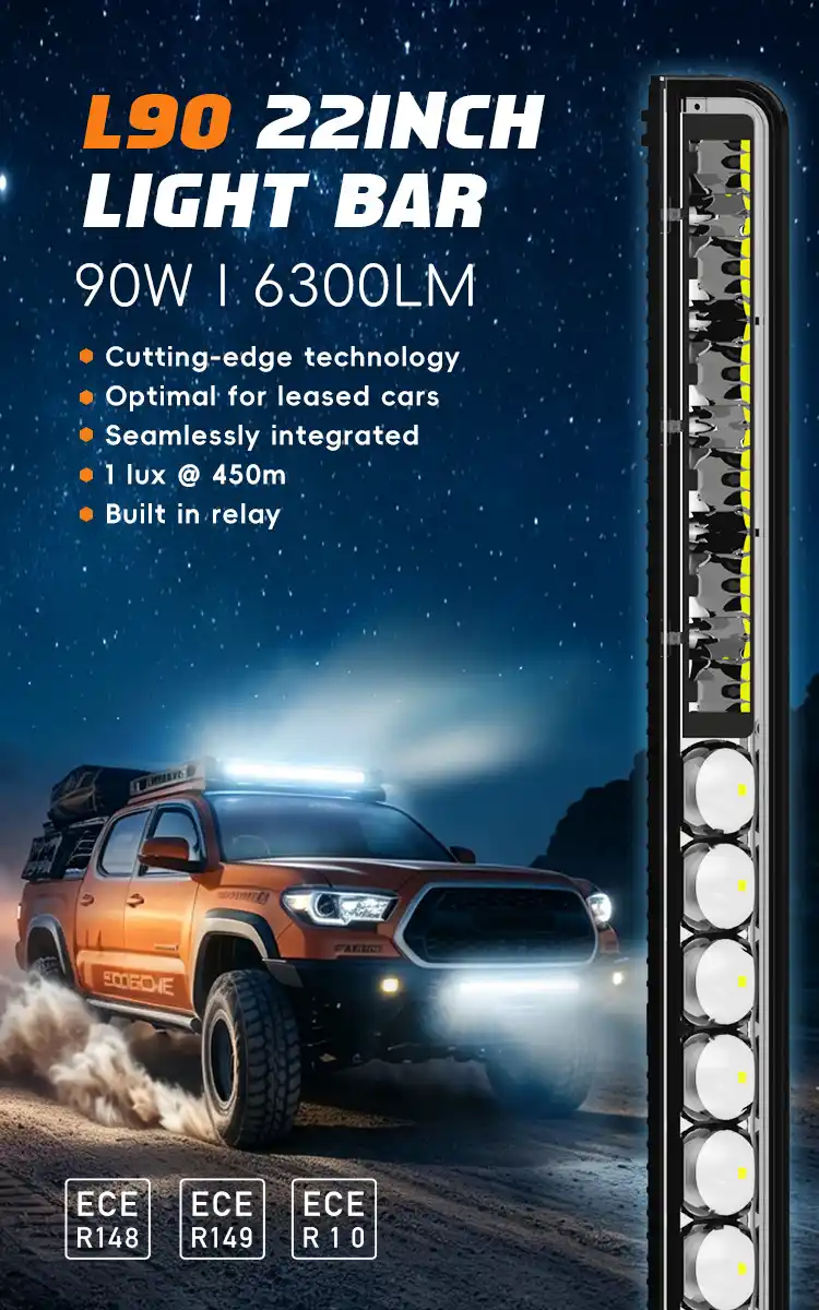 L90 22 inch LED light bar featuring 90W 6300LM output and 450m beam distance mounted on an off-road truck with ECE certifications
