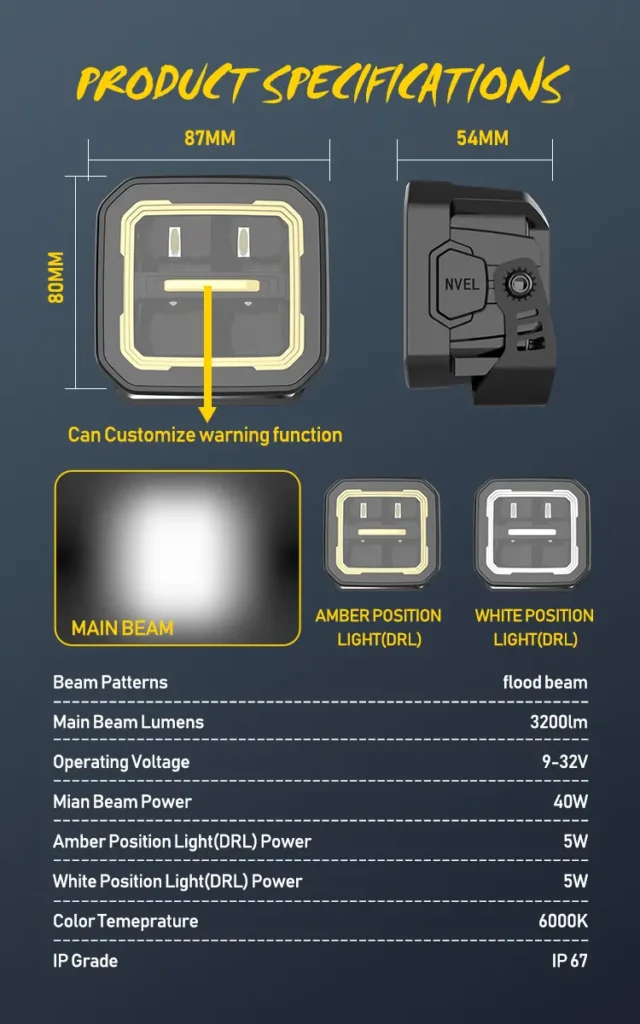 Dimensional specification chart for 3 inch square off-road LED work light featuring 40W 3200LM flood beam and amber white DRL options
