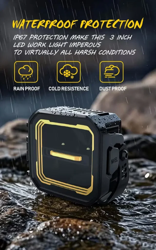 IP67 waterproof rated 3 inch off-road LED work light pod subjected to splashing water for harsh weather durability