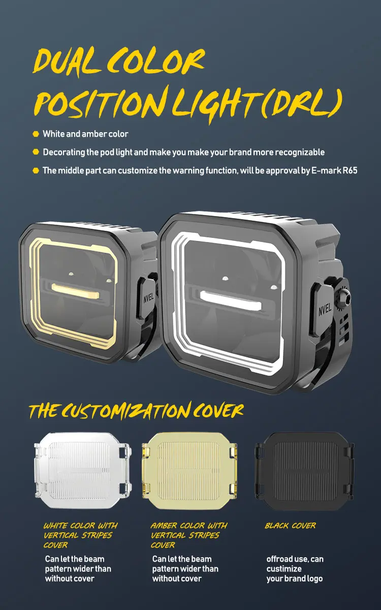 Off-road LED work light showing white and amber DRL position lamps alongside customizable white, amber, and black protective covers