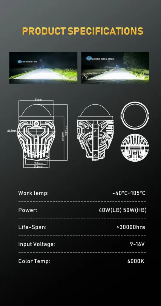 Dimensions and technical specifications of C90 40W 50W 6000K LED fog lamp lens.