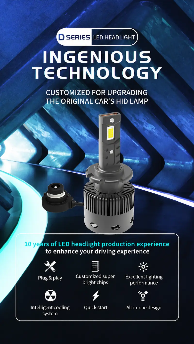 D Series LED headlight conversion kit highlighting plug and play installation, high brightness, and quick start