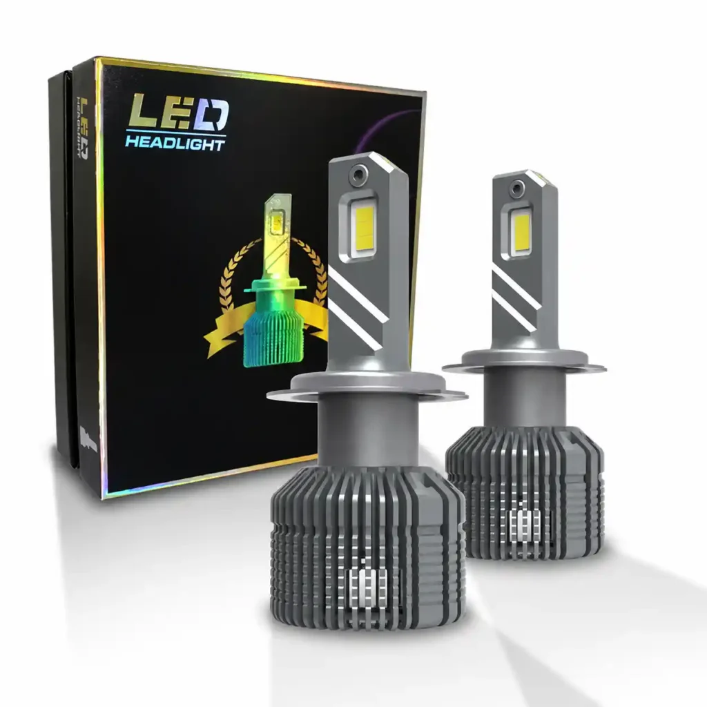 E9X series three-color switchable LED headlight bulbs pair with retail packaging box.