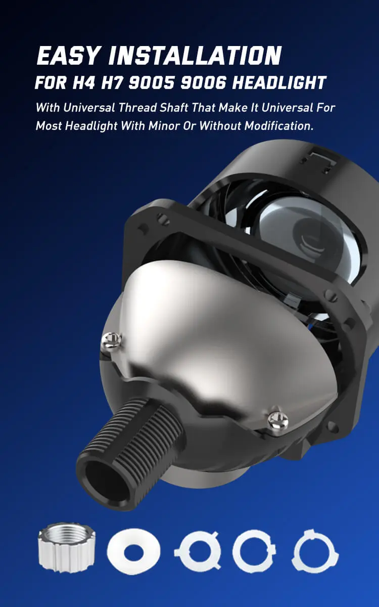 Universal threaded shaft design for easy installation into H4, H7, 9005, and 9006 headlight sockets.