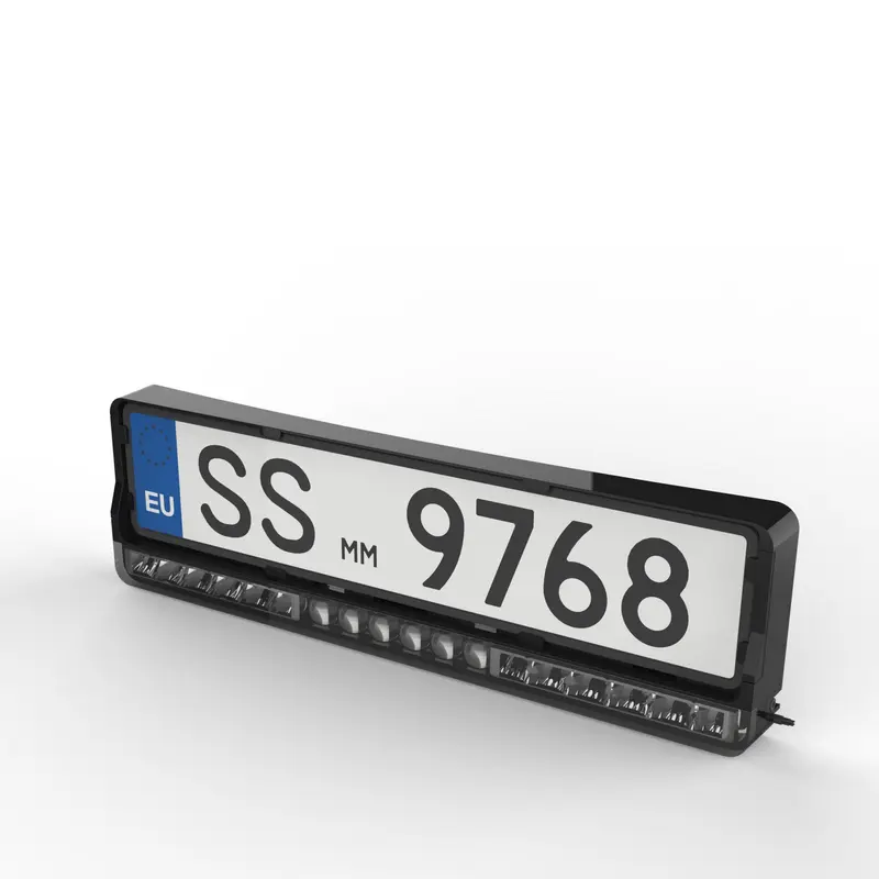 Side perspective of slim EU LED license plate holder showing integrated light bar