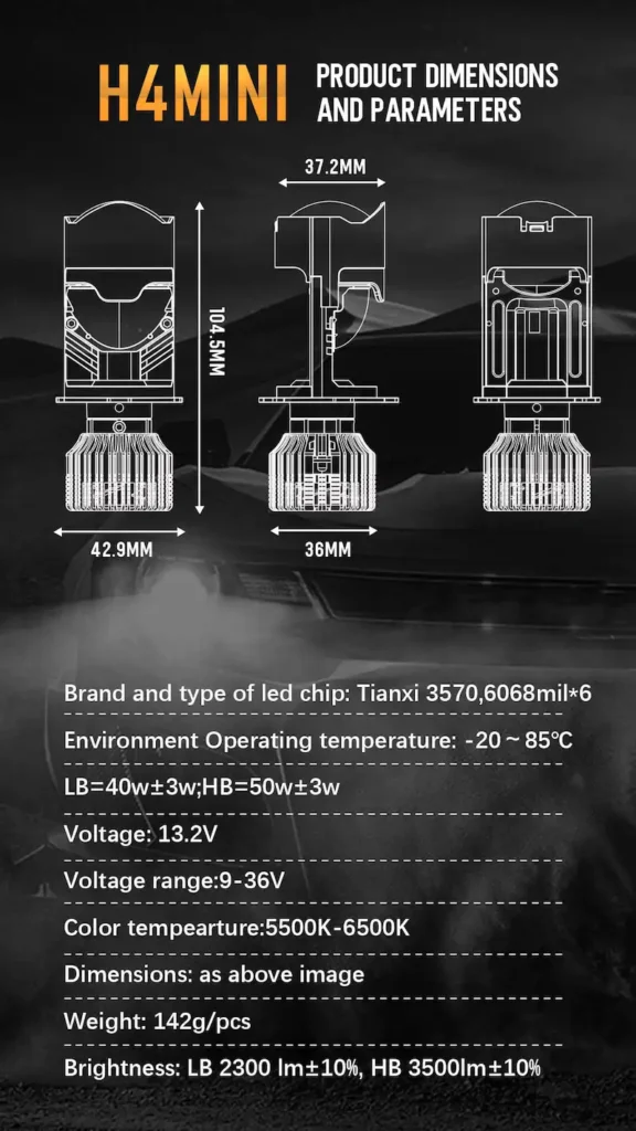 Technical specification chart and dimensional drawing for H4 mini LED bi-lens headlight bulb showing 40W low beam and 50W high beam