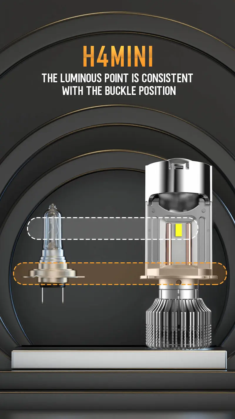Comparison showing H4 mini led projector lens headlight bulb luminous point perfectly matching halogen bulb buckle position
