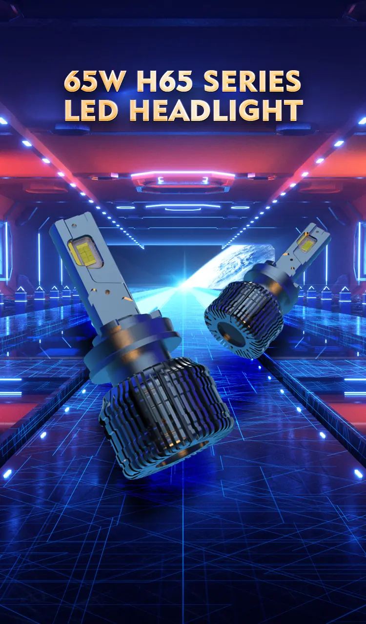 H65 series 65W LED headlight bulb set displayed against high-tech tunnel background