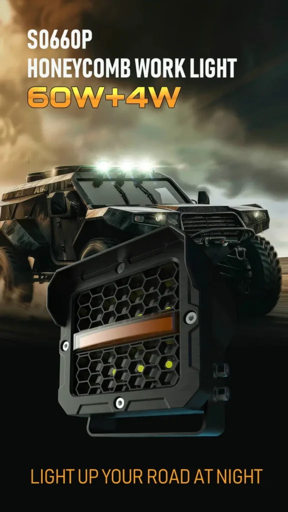 S0660P 60W+4W honeycomb LED work light pod installed on an offroad vehicle bumper for night driving