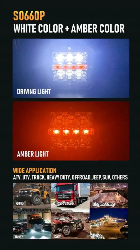 Honeycomb LED work light pod with white driving light and amber light modes for Jeep, ATV, UTV, and heavy duty trucks