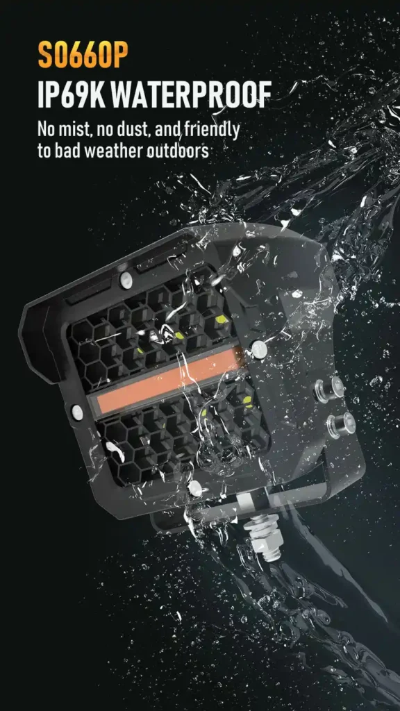 Honeycomb LED work light pod under IP69K high pressure water jet test showing zero fogging and dust resistance