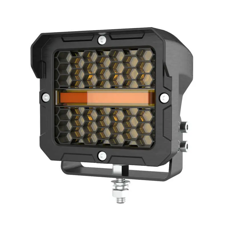 Front view of S0660P honeycomb LED work light pod with white studio background, black alloy housing, and amber center strip