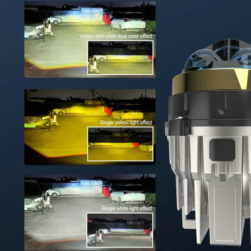 3-mode light effect comparison showing single yellow, single white, and combined yellow-white beam patterns for LED fog lights