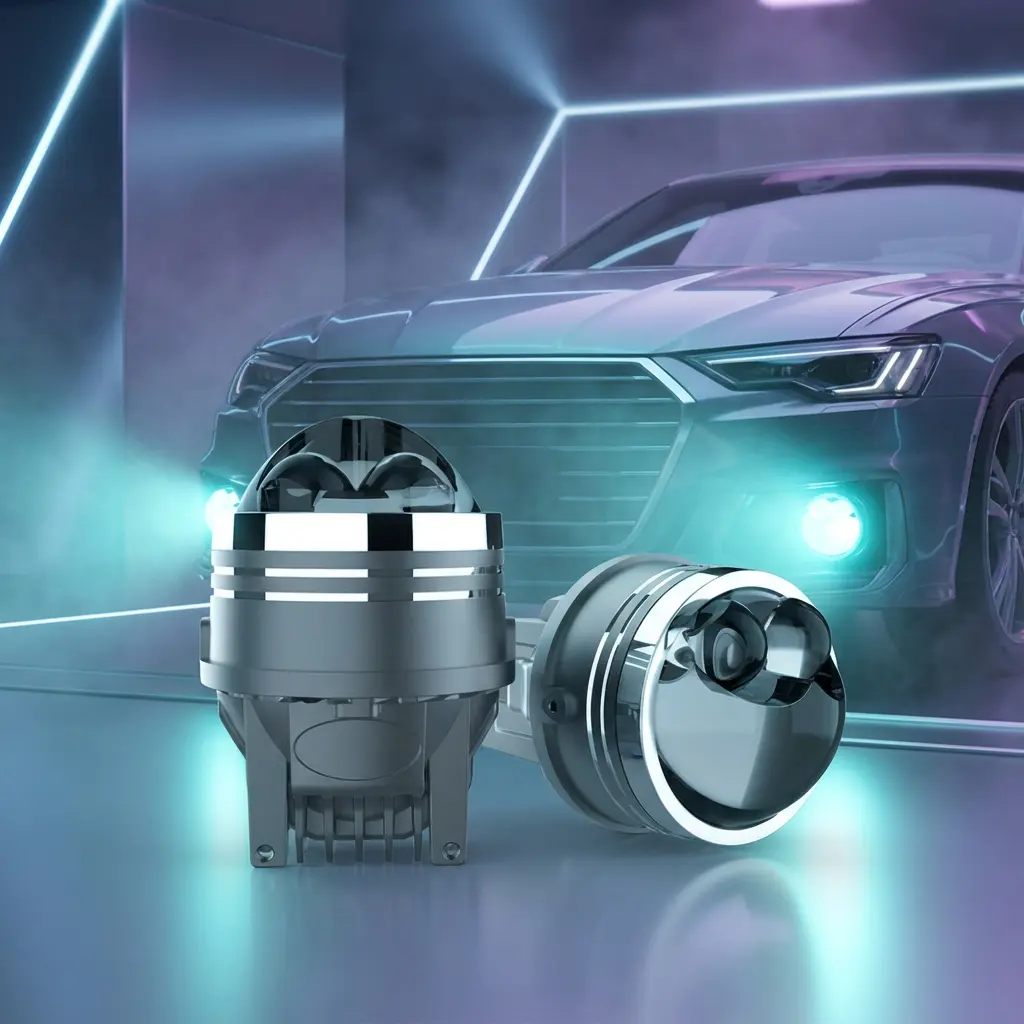 N90D2-STR smart LED fog lights pair with App controlled blue beam illumination in front of a modern car