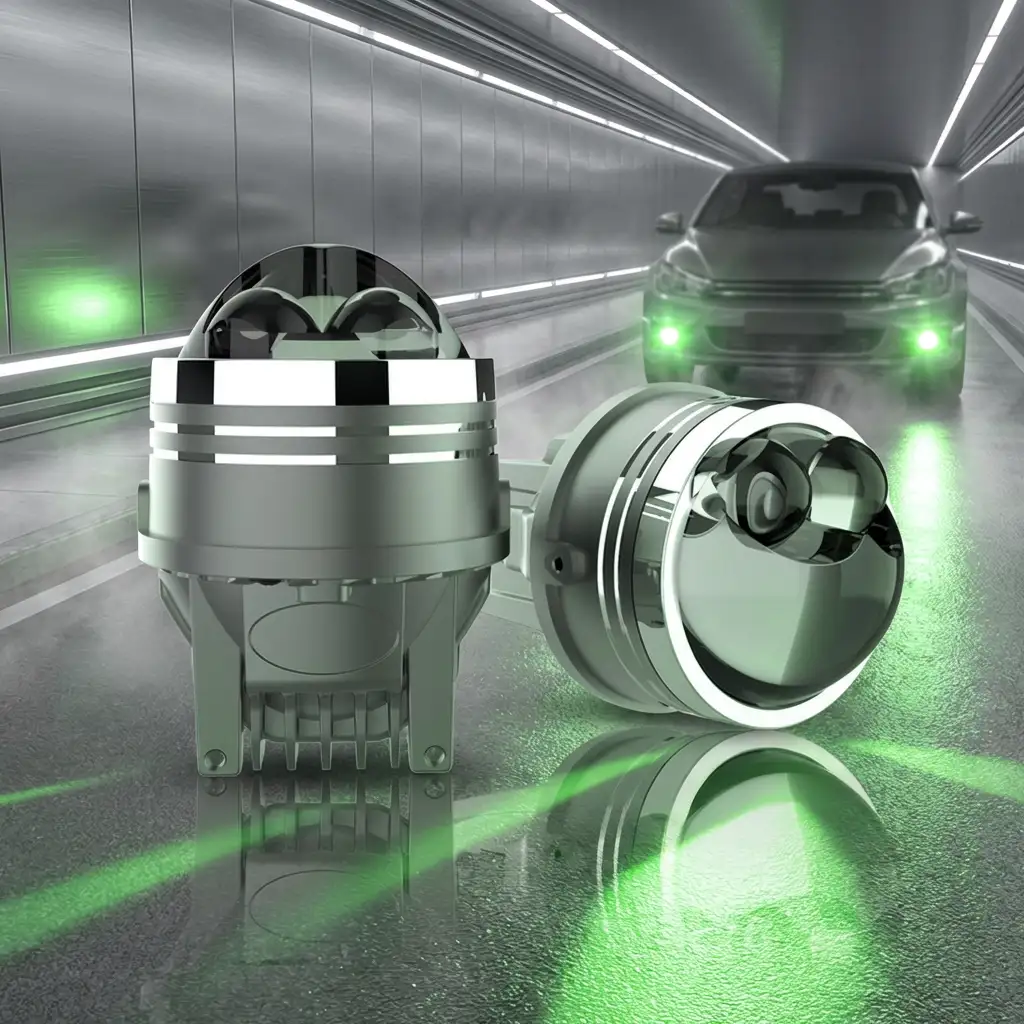 Pair of N90D2-STR 3-inch LED fog lights showing smartphone App customized green beam light pattern