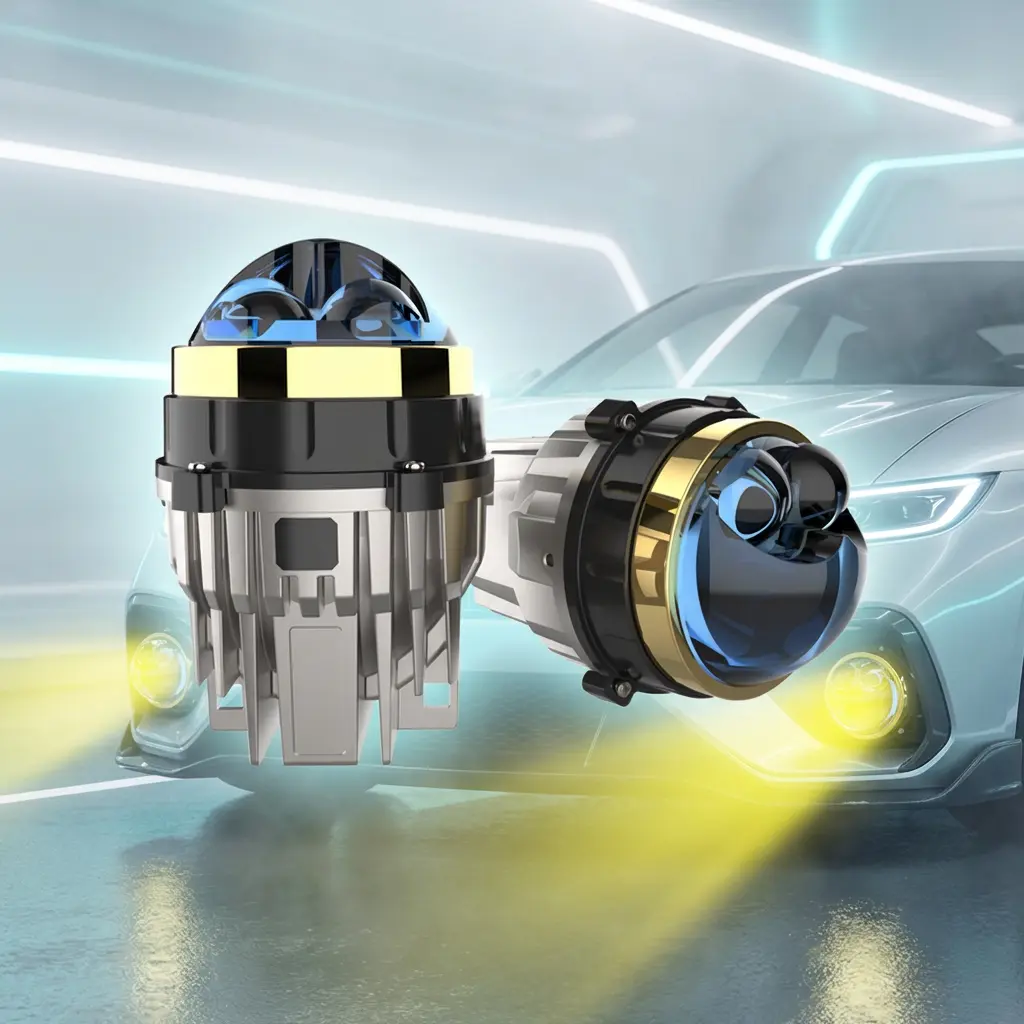 Pair of N90D3-STR 3-inch LED fog lights showing yellow light beam mode for heavy fog and rain driving