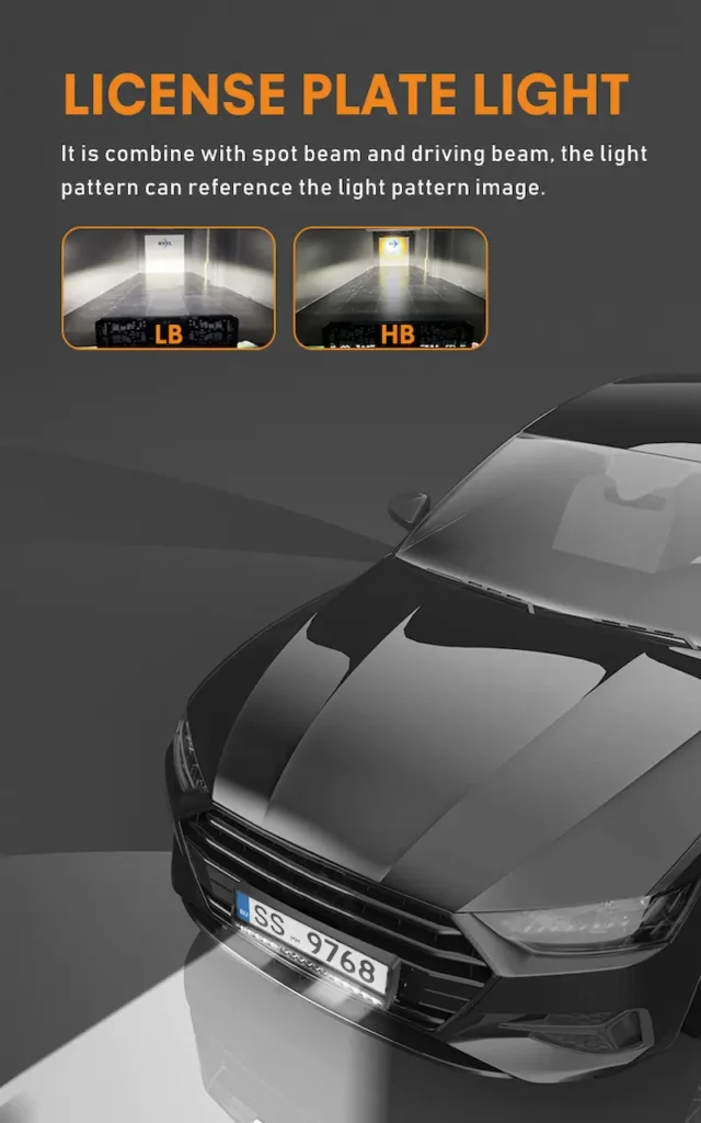 High and low beam pattern comparison for LED license plate light frame on road