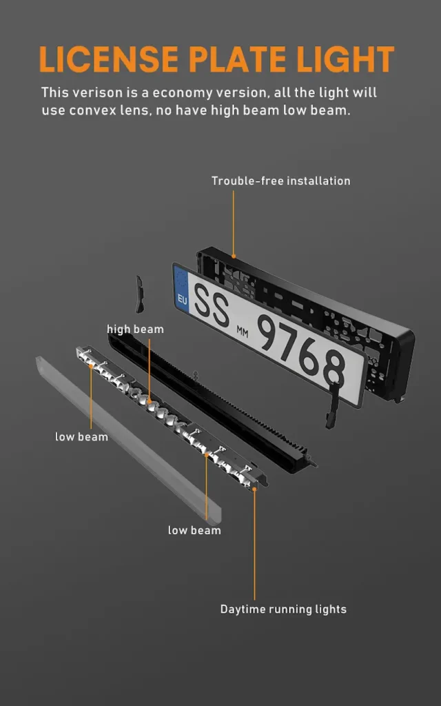 Exploded view diagram showing internal optics, DRL, and lens structure of LED license plate light frame