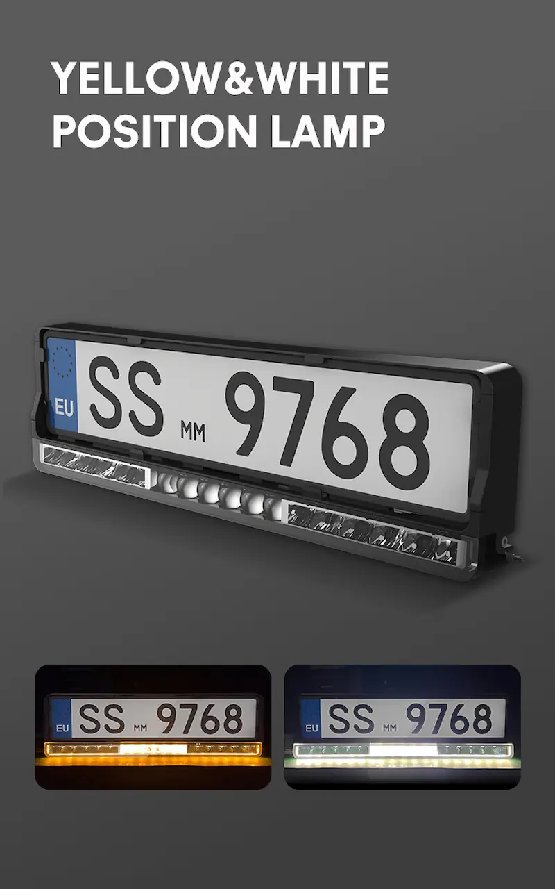 LED license plate light frame featuring dual-color yellow and white position light modes