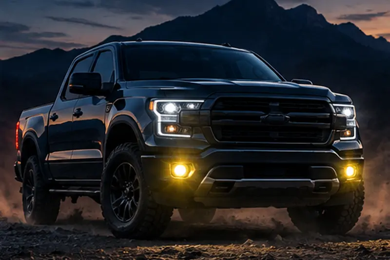 Pickup truck equipped with LED off-road lights for nighttime and off-road driving
