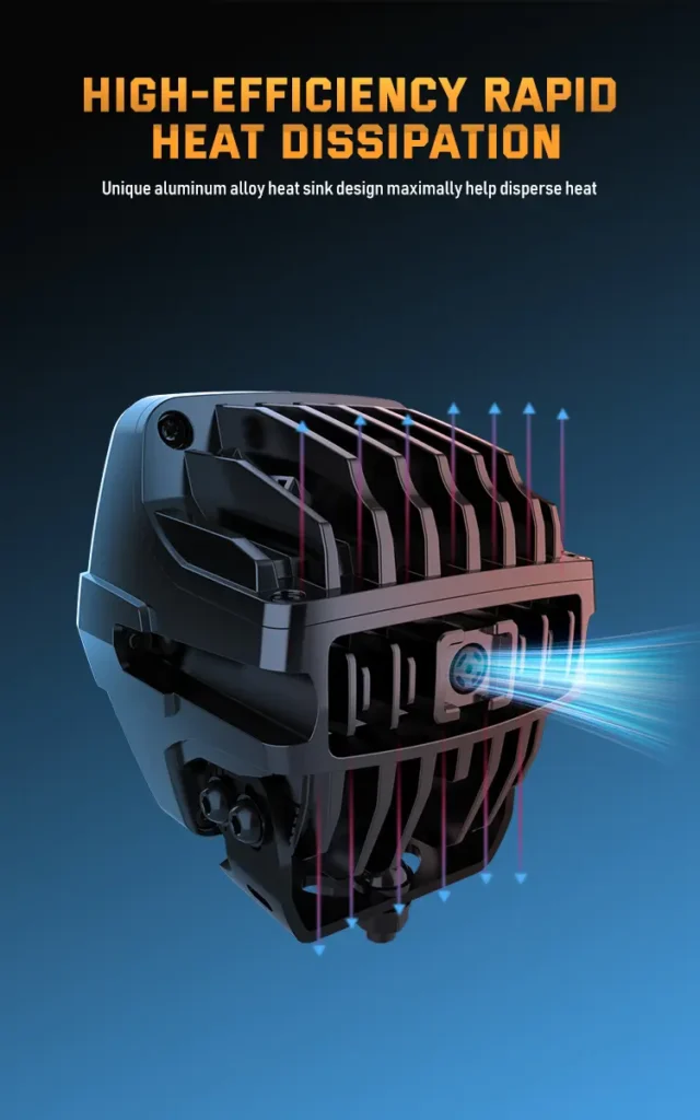High-efficiency rapid heat dissipation system showing air cooling airflow through aluminum alloy heat sink fins on the back of the LED work light