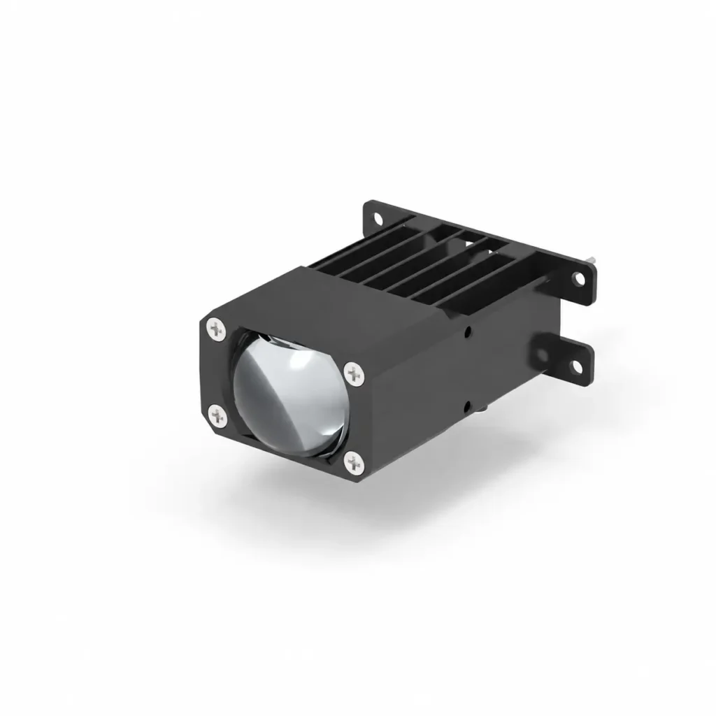 Front isometric view of M1 1 inch matrix LED projector lens module on white background.