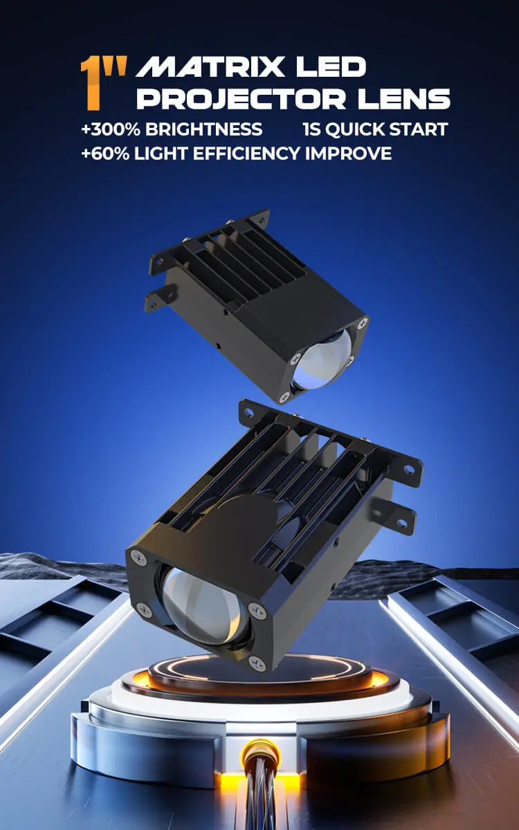 M1 1 inch matrix LED projector lens delivering 300 percent brightness boost and 1s quick start.