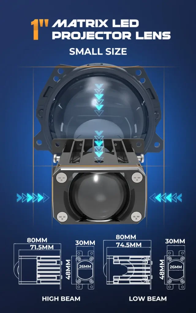 Compact size dimensions and high low beam measurements of M1 1 inch matrix LED projector lens.