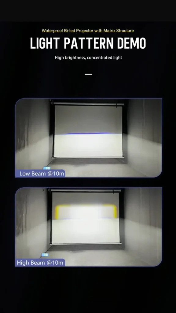 Light pattern demonstration of N40D Bi-LED projector lens showing sharp low beam cutoff and bright high beam at 10 meters