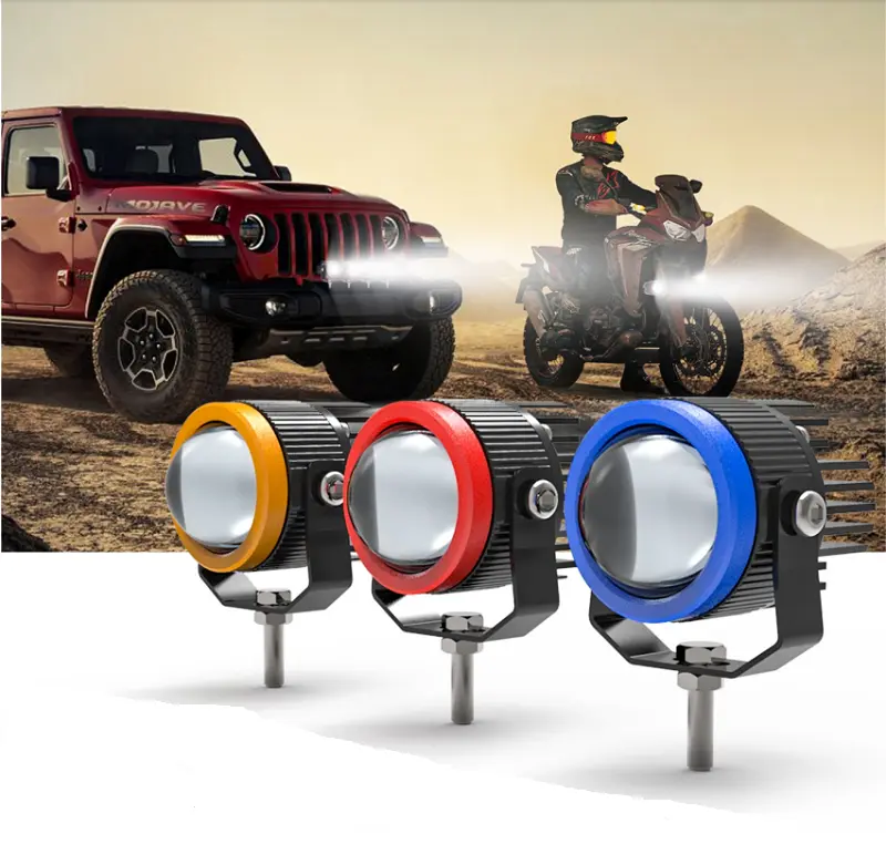 N50S mini LED projector lens spotlights in yellow, red, and blue colors shown with off-road vehicle and motorcycle