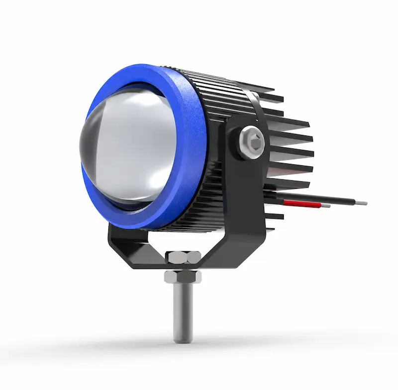 N50S mini LED projector lens spotlight with a blue front ring and aluminum heat sink casing