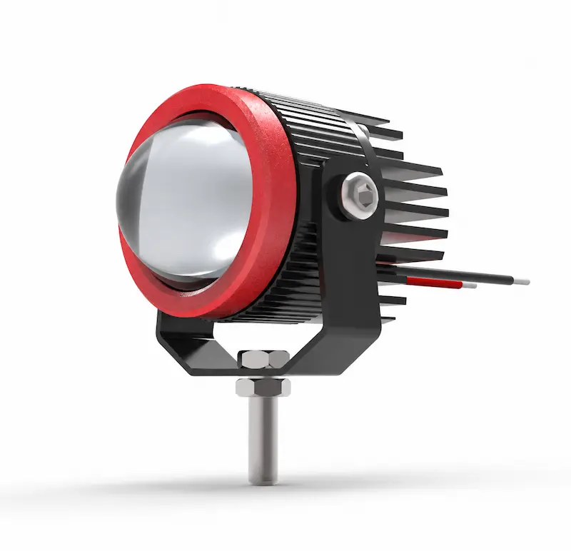 N50S mini LED projector lens auxiliary spotlight with a red decorative front ring and mounting bracket