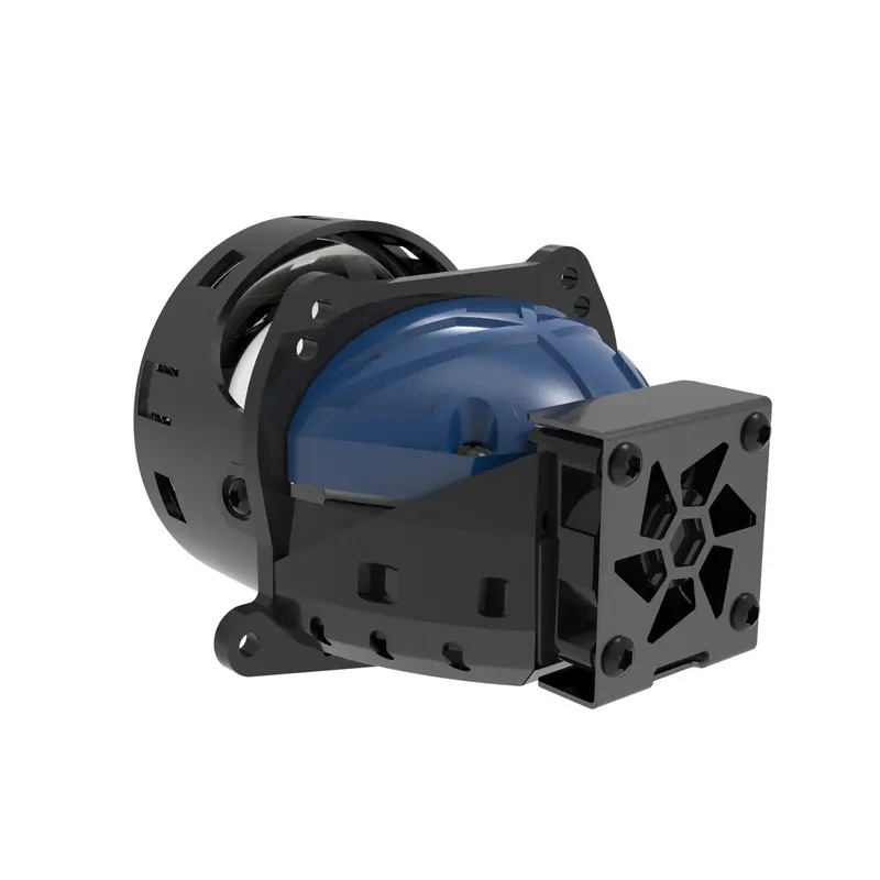 Rear view of N76D4-MINI-H Bi-LED lens showing high-speed cooling fan and aluminum heatsink.
