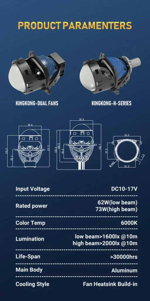 Detailed specifications and dimensions for N76D4-MINI-H 62W 73W 3-inch Bi-LED projector lens.