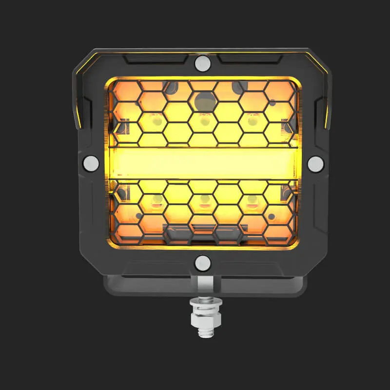 Front view of S0660P honeycomb LED work light pod with white studio background, black alloy housing, and amber center strip