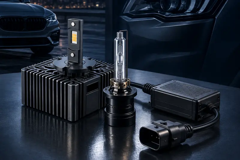 NVEL LED headlight bulb with heat sink side-by-side with OEM HID Xenon bulb, ballast, and connector for factory HID system upgrade