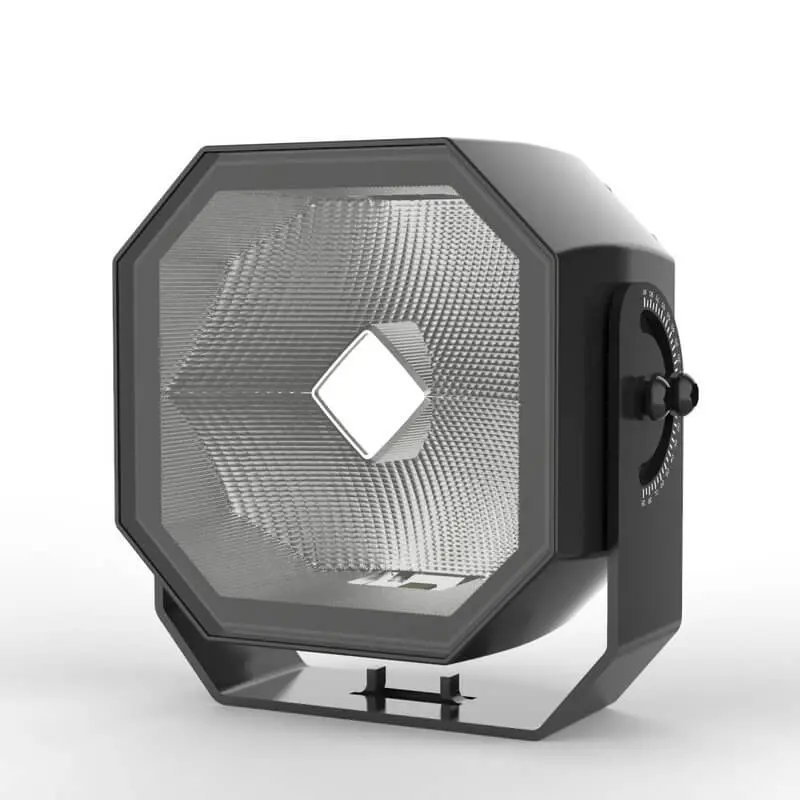 3D studio render of S0450F 5 inch frameless LED work light pod with 360 degree adjustable mounting bracket