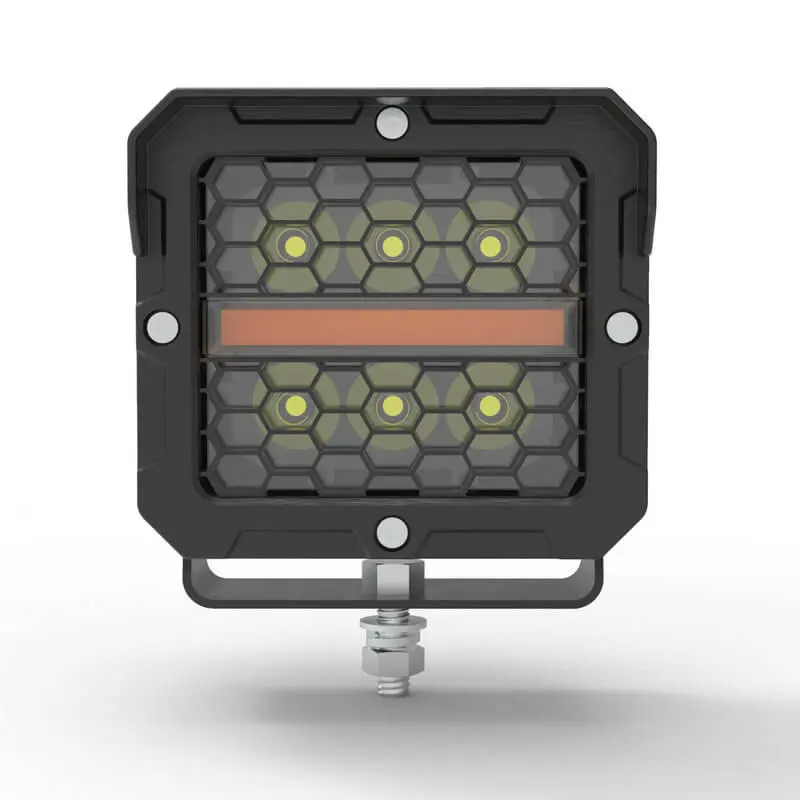 Front view of S0660P honeycomb LED work light pod with white studio background, black alloy housing, and amber center strip