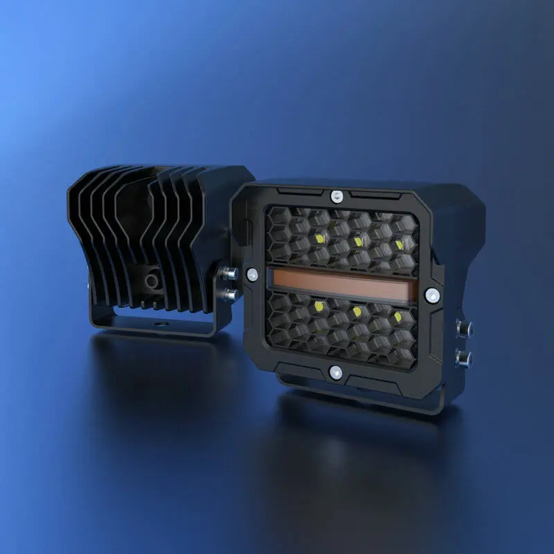 Front view of S0660P honeycomb LED work light pod with white studio background, black alloy housing, and amber center strip